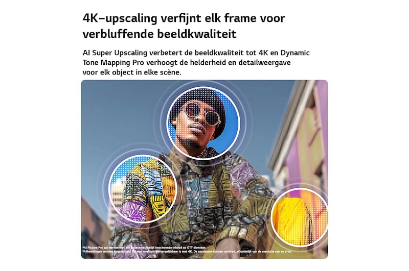 Een LG QNED AI QNED70 Mini LED met 4K Super Opschalen en Dynamic Tone Mapping laat een buitenopname zien van een man tussen kleurrijke gebouwen, terwijl AI de scène herkent en elk beeld opschaalt naar 4K-resolutie.